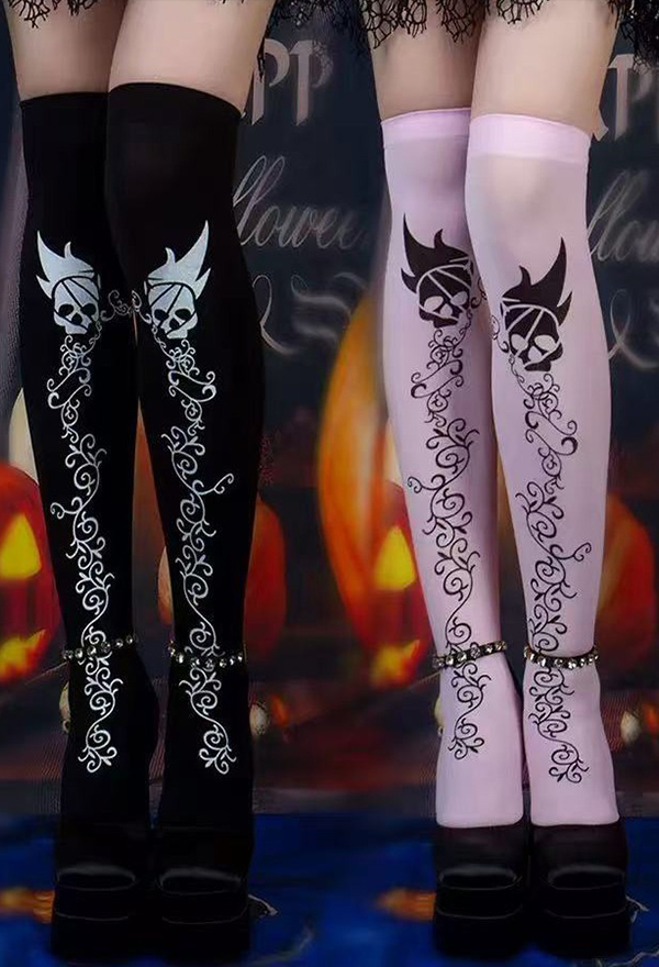 Halloween Gothic Rock Skull Vine Print Over-the-Knee Socks Dark Y2K Style Thigh-high Stockings